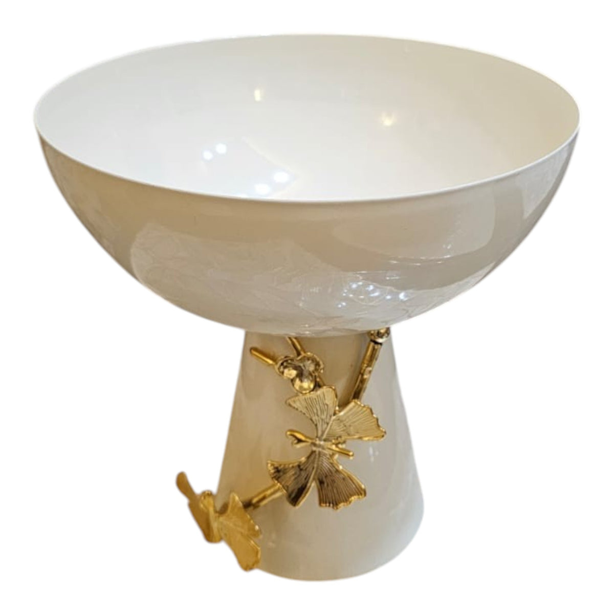 Home Sajawat cream ceramic pedestal fruit bowl with gold Ginkgo leaf accents. Perfect centerpiece or decorative accent.
