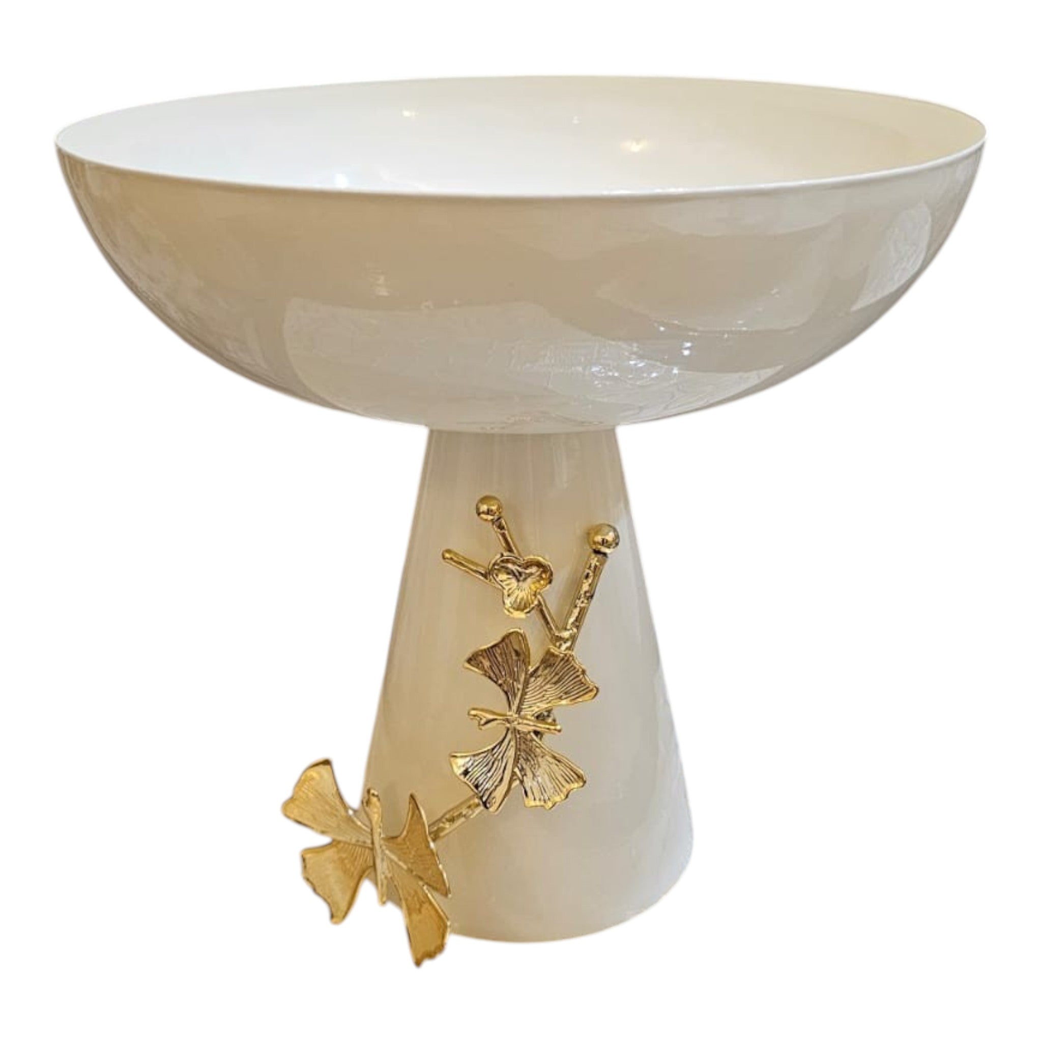 Home Sajawat cream ceramic pedestal fruit bowl with gold leaf accents, glossy finish, elegant statement piece.