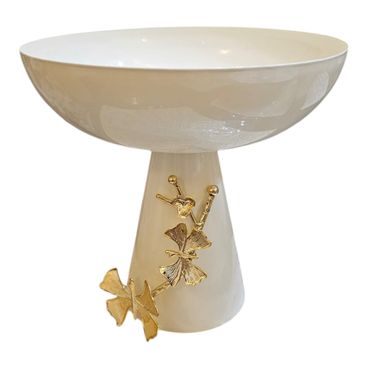 Home Sajawat cream ceramic pedestal fruit bowl with gold leaf accents, glossy finish, elegant statement piece.