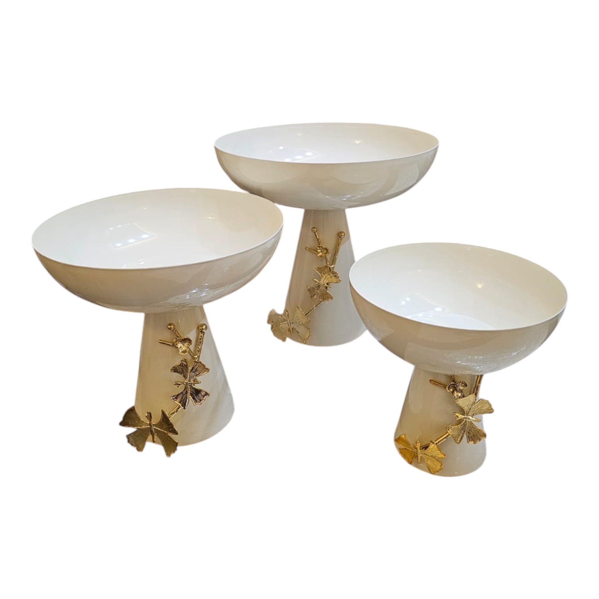 Home Sajawat decorative pedestal fruit bowl set in cream ceramic with gold leaf accents. Set of 3.