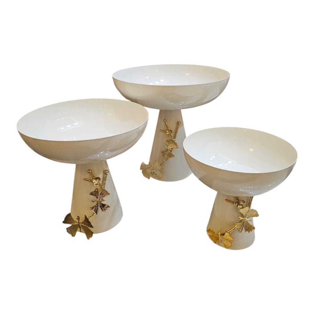 Home Sajawat decorative pedestal fruit bowl set in cream ceramic with gold leaf accents. Set of 3.