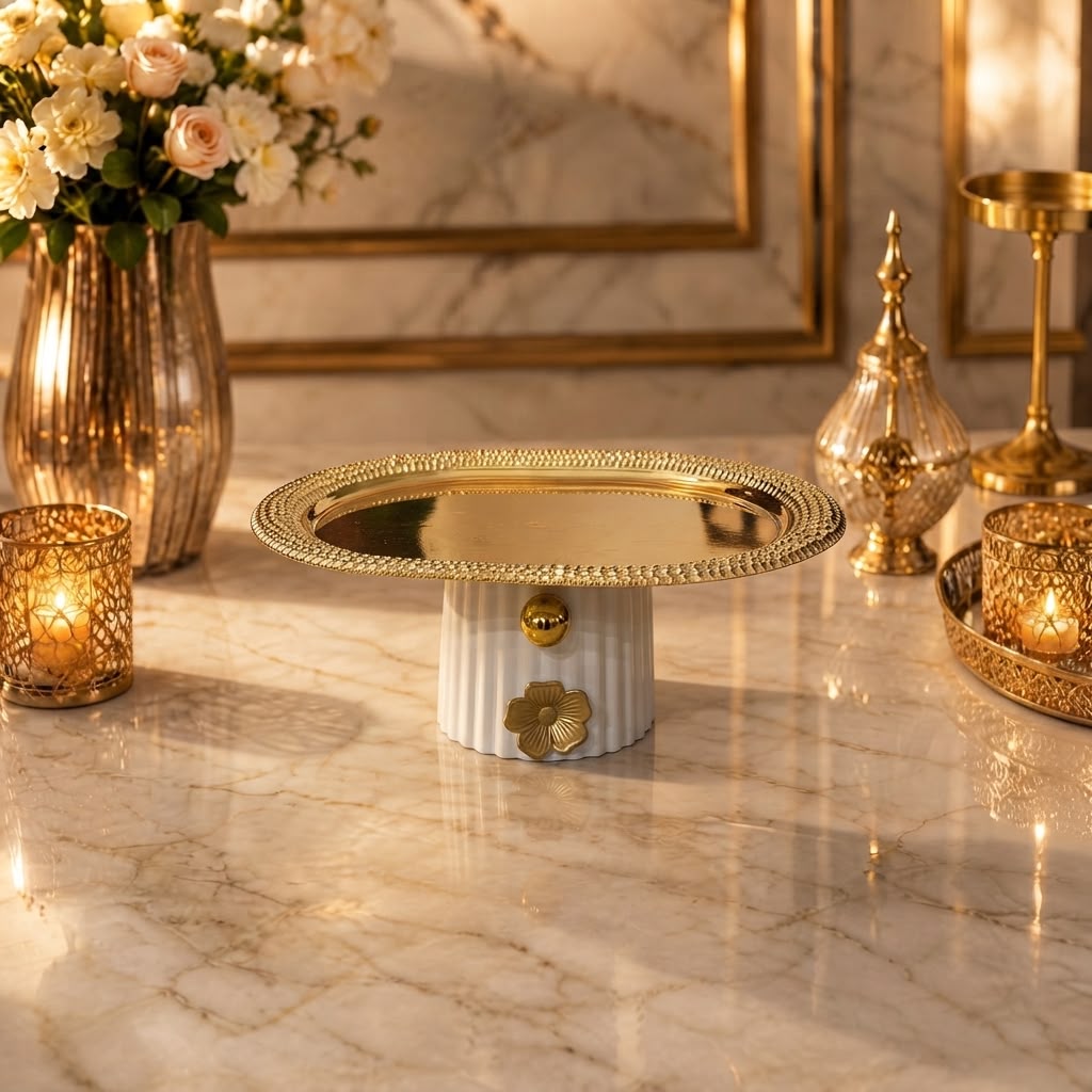 Home Sajawat pedestal serving tray with a polished gold-tone metal plate and a white fluted ceramic base with floral.