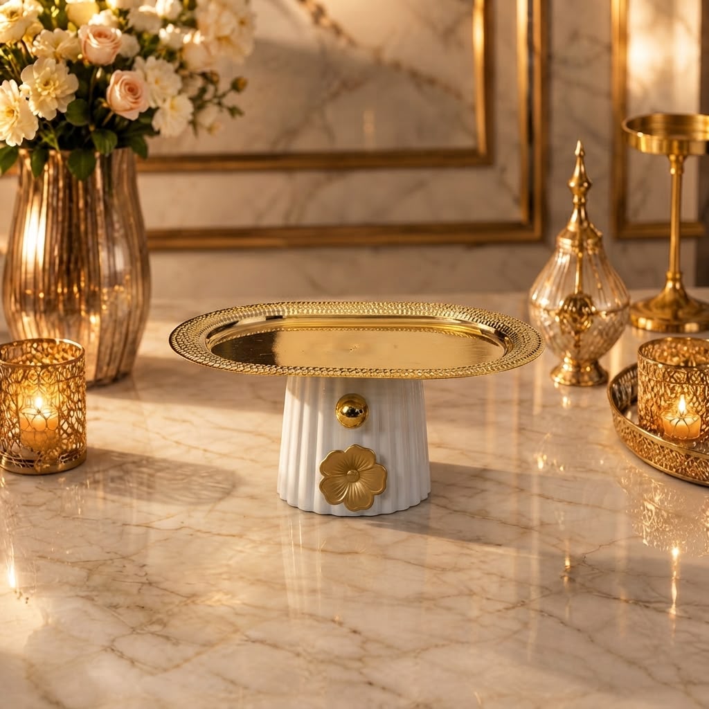 Home Sajawat decorative pedestal serving tray with a white fluted ceramic base and polished gold-tone metal top.
