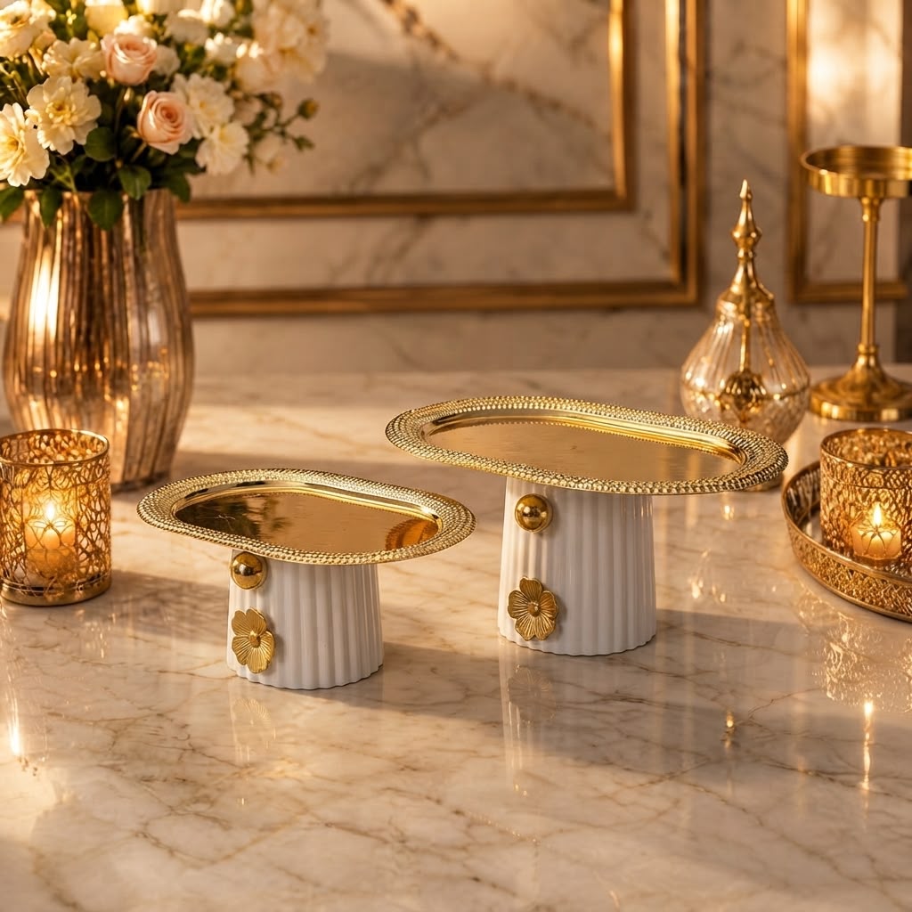 Home Sajawat decorative pedestal serving trays with white fluted ceramic bases and polished gold-tone metal tops.