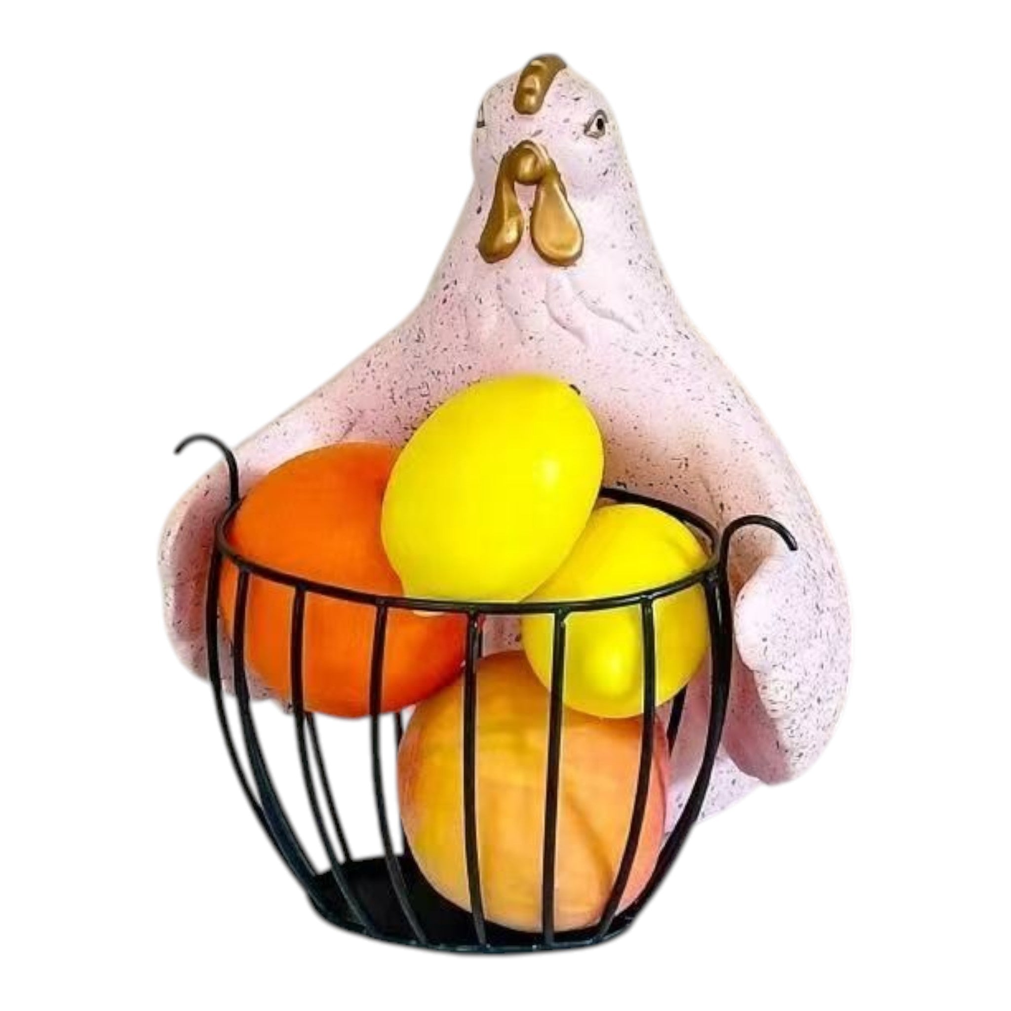 Home Sajawat pink chicken shaped wire fruit basket with decorative resin hen figure on a kitchen countertop
