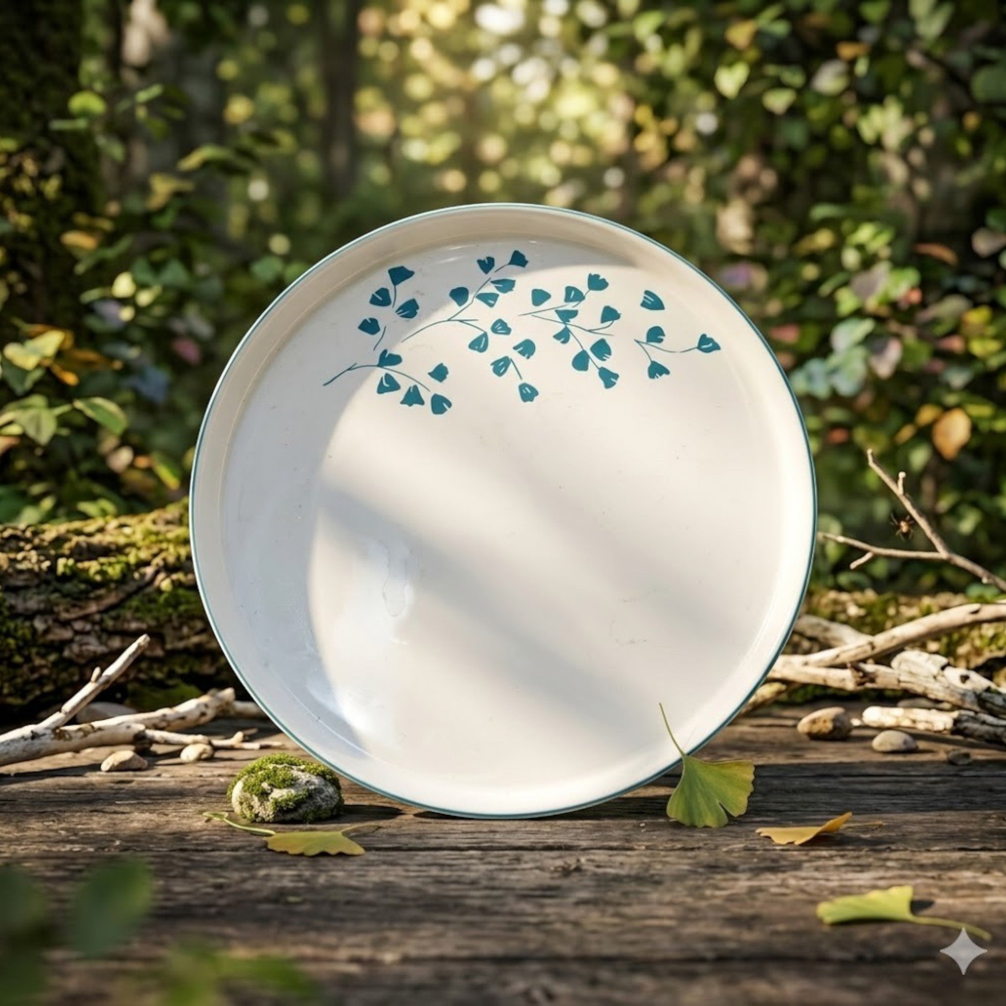 Home Sajawat white porcelain serving platter with teal floral design and teal rim. Perfect for appetizers or desserts.