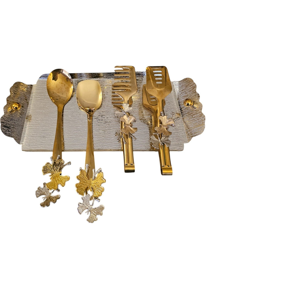 Home Sajawat 4-piece decorative serving utensil set with tray, gold and silver tones, leaf motifs, ideal for parties.