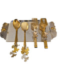 Home Sajawat 4-piece decorative serving utensil set with tray, gold and silver tones, leaf motifs, ideal for parties.