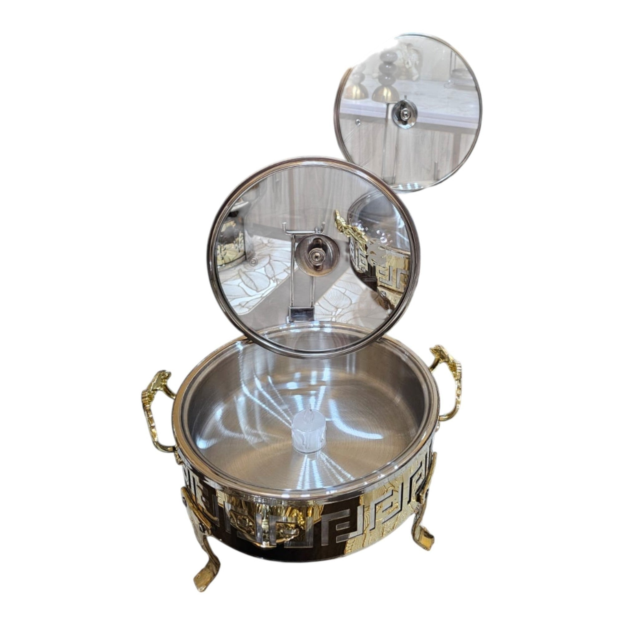 Home Sajawat decorative stainless steel chafing dish with gold Greek key pattern and glass lid, ideal for serving.