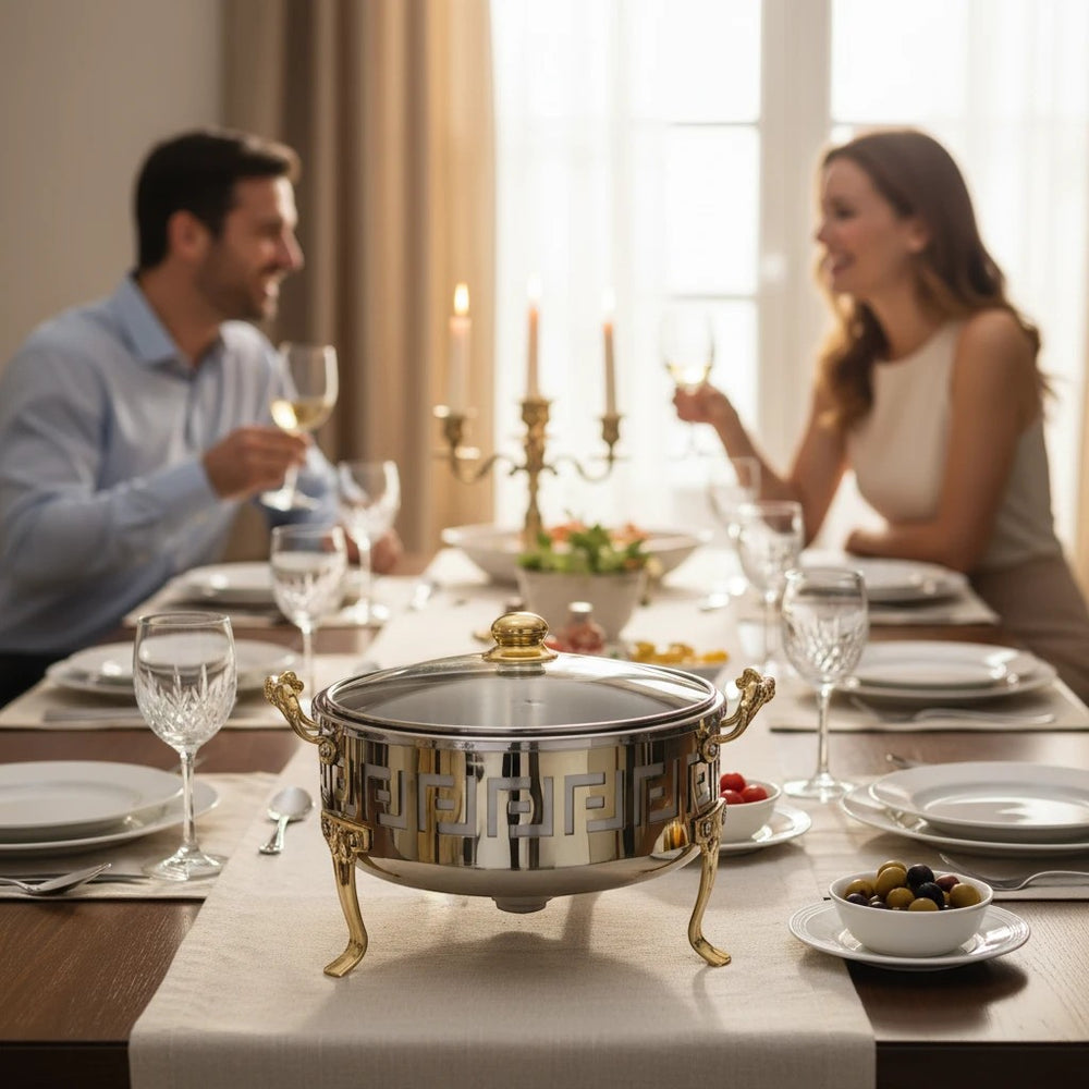 Home Sajawat decorative stainless steel chafing dish with glass lid and gold Greek key pattern