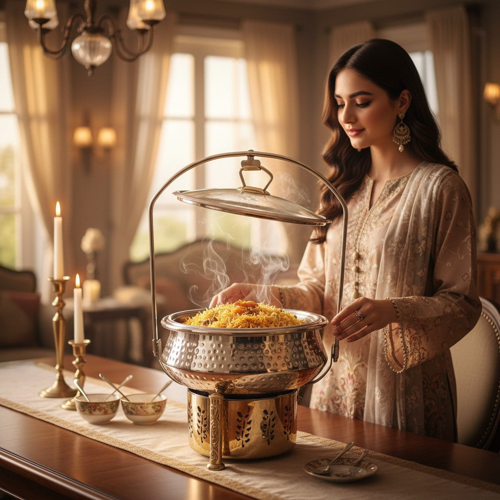 Home Sajawat hammered finish stainless steel chafing dish with glass lid and gold base. Ideal for buffets.