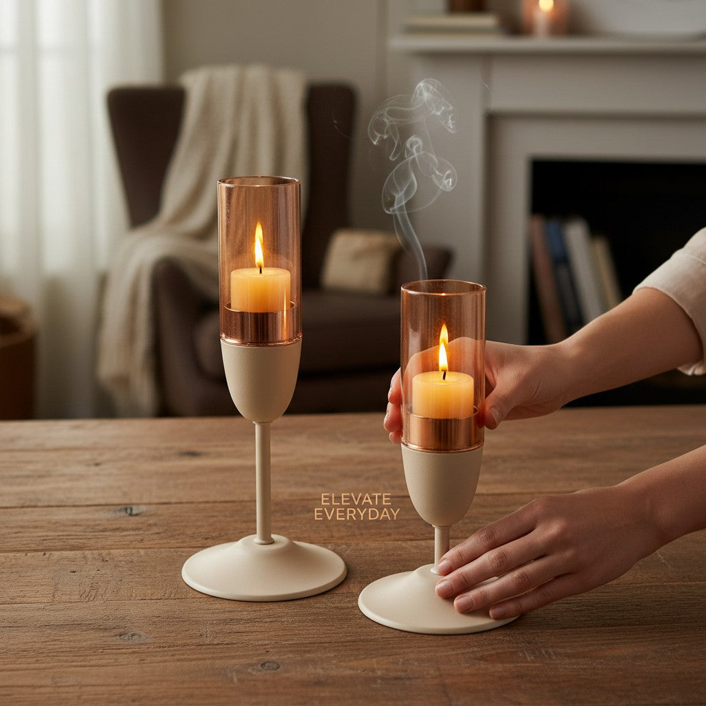Home Sajawat set of two modern stemmed glass candle holders with matte neutral bases and metallic copper inserts