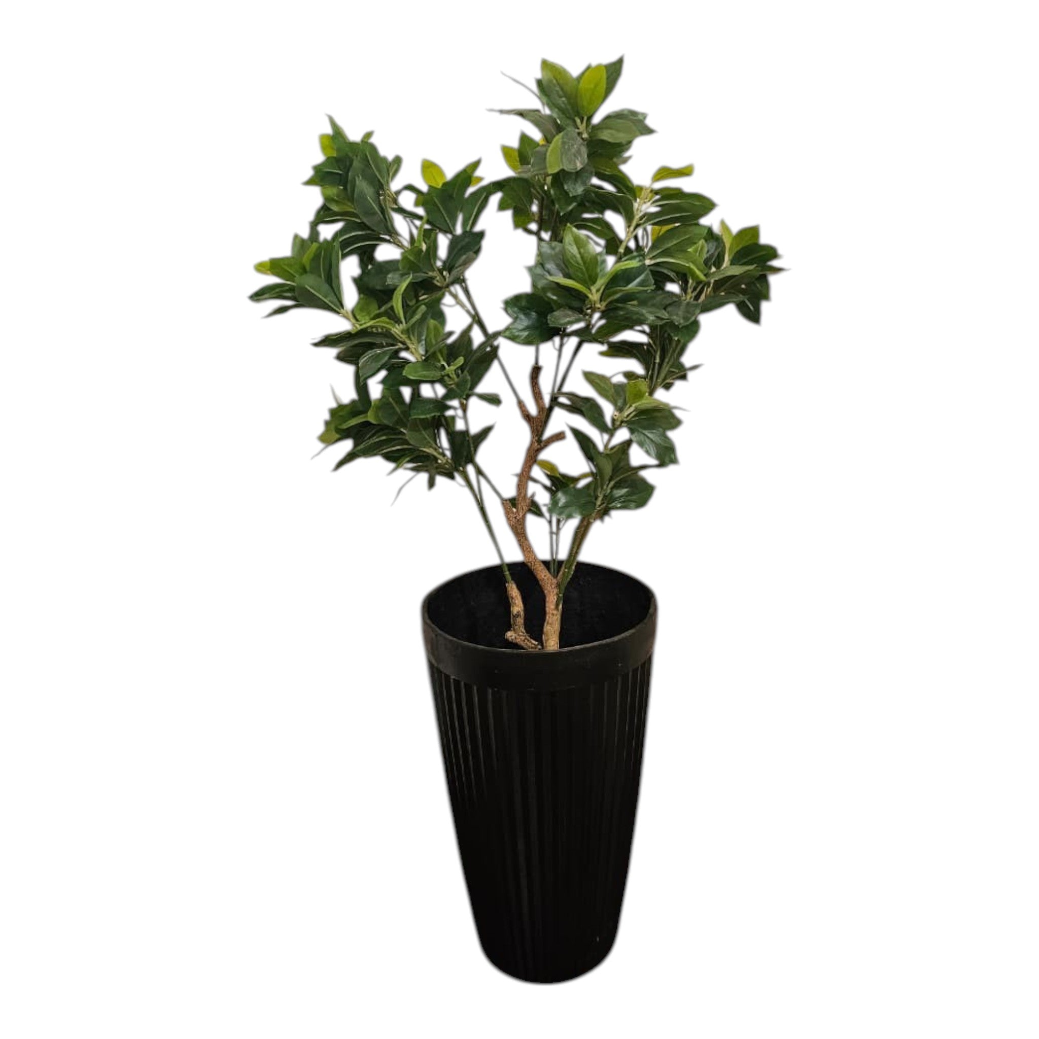Home Sajawat tall faux plant with green leaves in a ribbed black planter. Realistic artificial foliage.