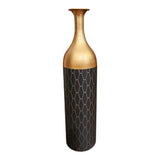 Home Sajawat tall metal vase with brushed gold neck and matte black body featuring a geometric honeycomb pattern.