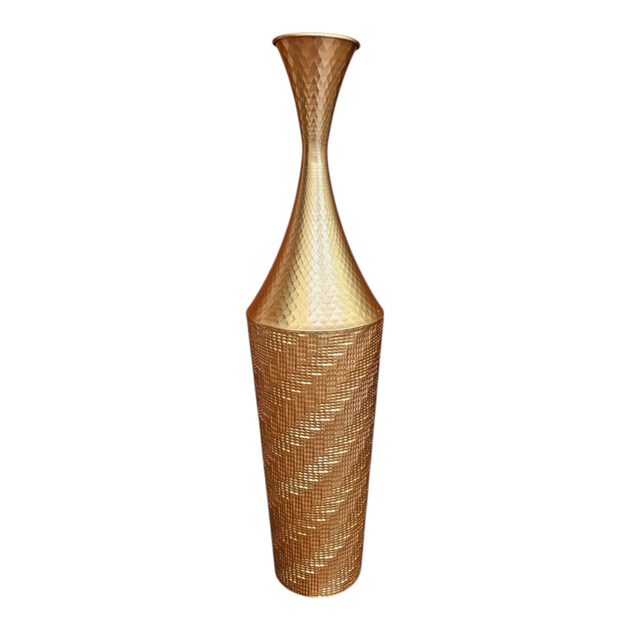 Home Sajawat tall gold hammered metal floor vase with embossed pattern and tapered neck.