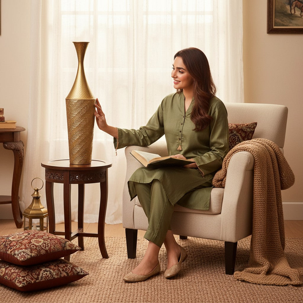 Home Sajawat tall gold hammered metal floor vase with textured cylindrical base and flared neck.