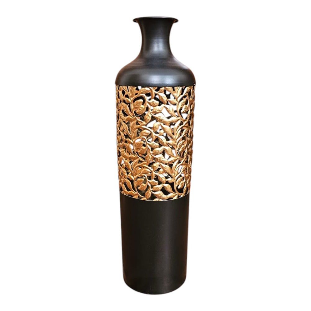Home Sajawat tall matte black metal vase with intricate gold filigree cutout design, nature-inspired leaf pattern