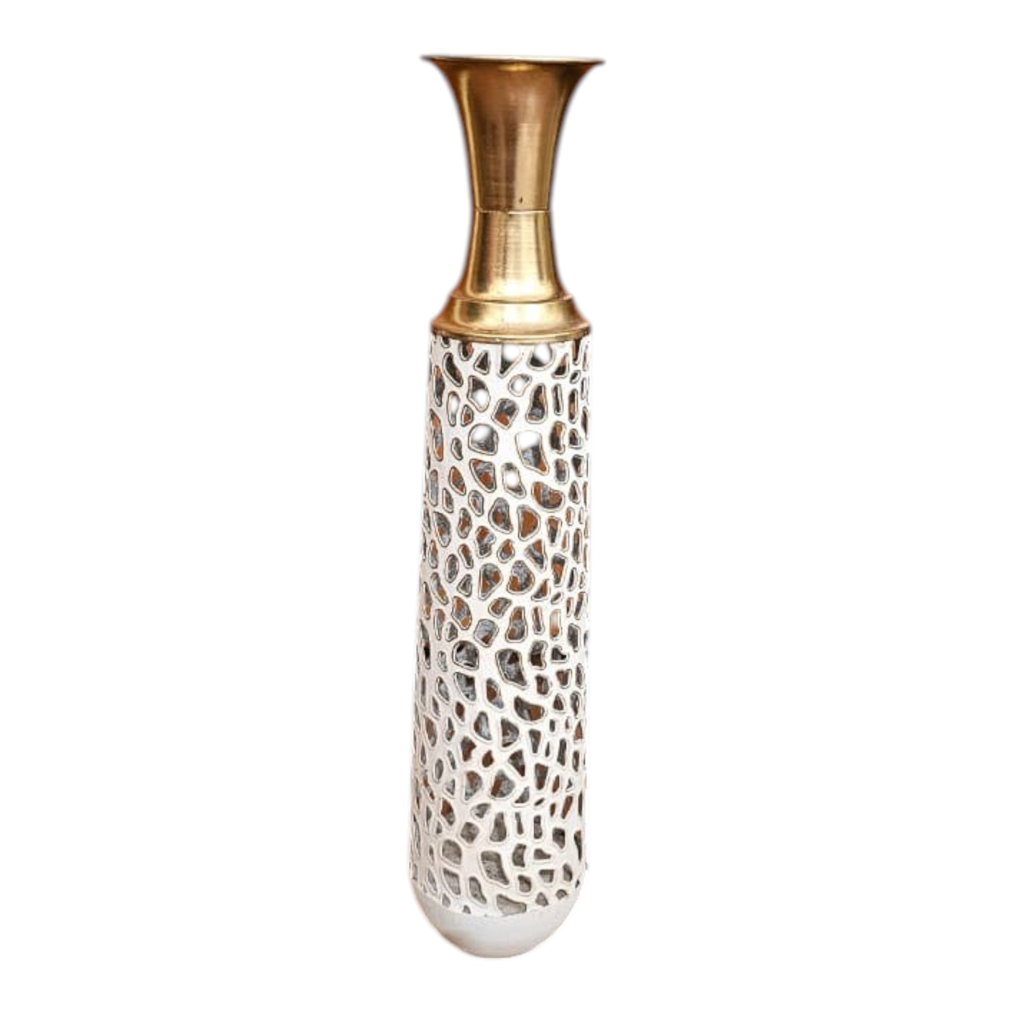 Home Sajawat tall white ceramic vase with gold brass accent and cut-out pattern