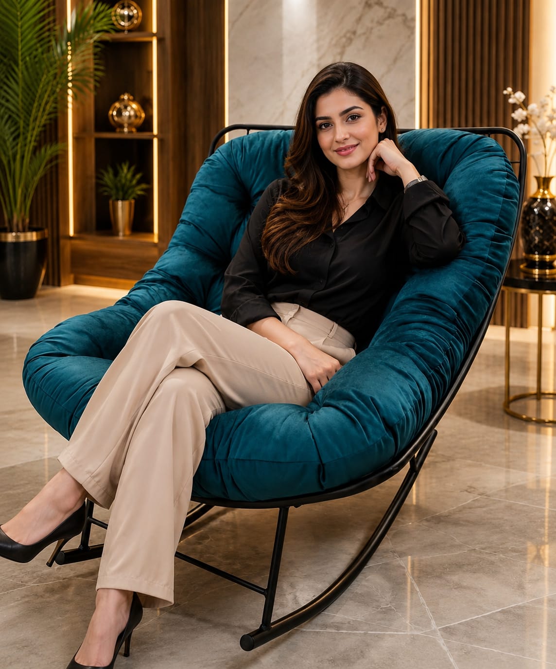 Woman sitting in a Home Sajawat plush teal tufted velvet rocking chair with a black metal frame in a modern living room