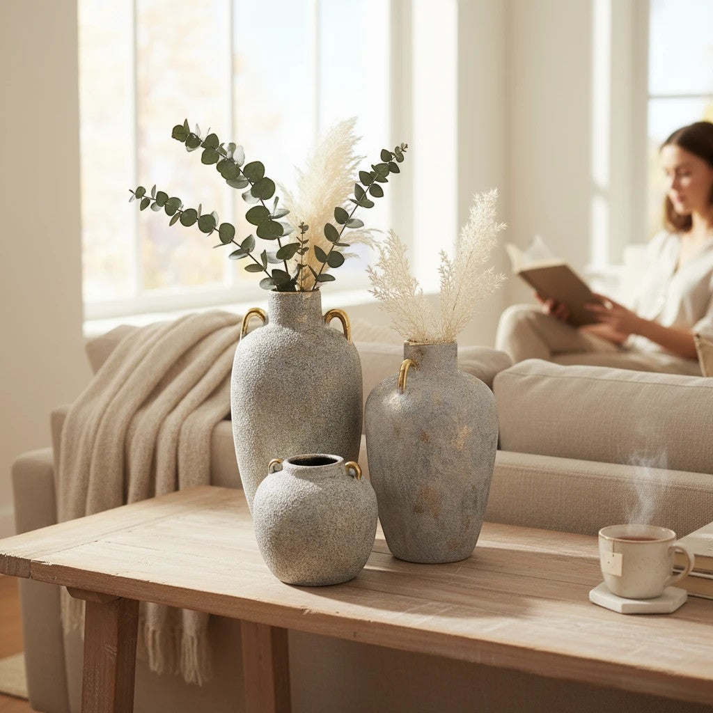 Home Sajawat set of three grey-blue textured ceramic amphora vases with gold handles and rims, holding dried pampas grass and eucalyptus.
