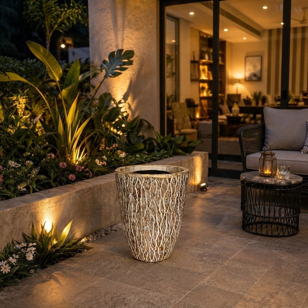 Home Sajawat decorative outdoor garden planter with a textured bark-like finish on a modern patio at night.