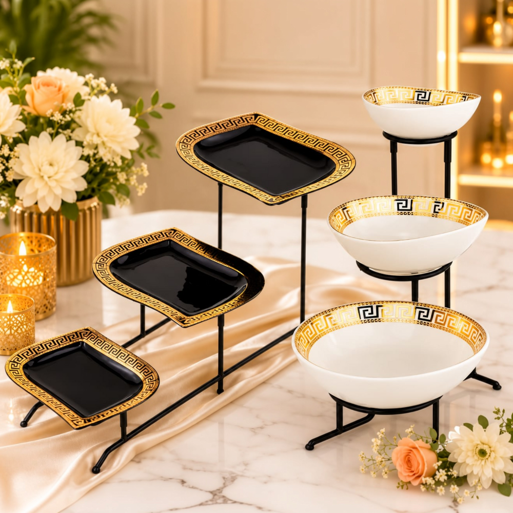 Home Sajawat three-tier serving stand with black and white ceramic plates featuring a gold Greek key pattern.