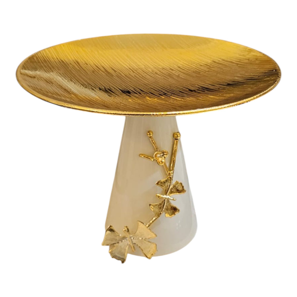 Home Sajawat decorative tiered serving stand with gold leaf accents, gold textured top, and ivory base. Ideal for cakes and pastries.