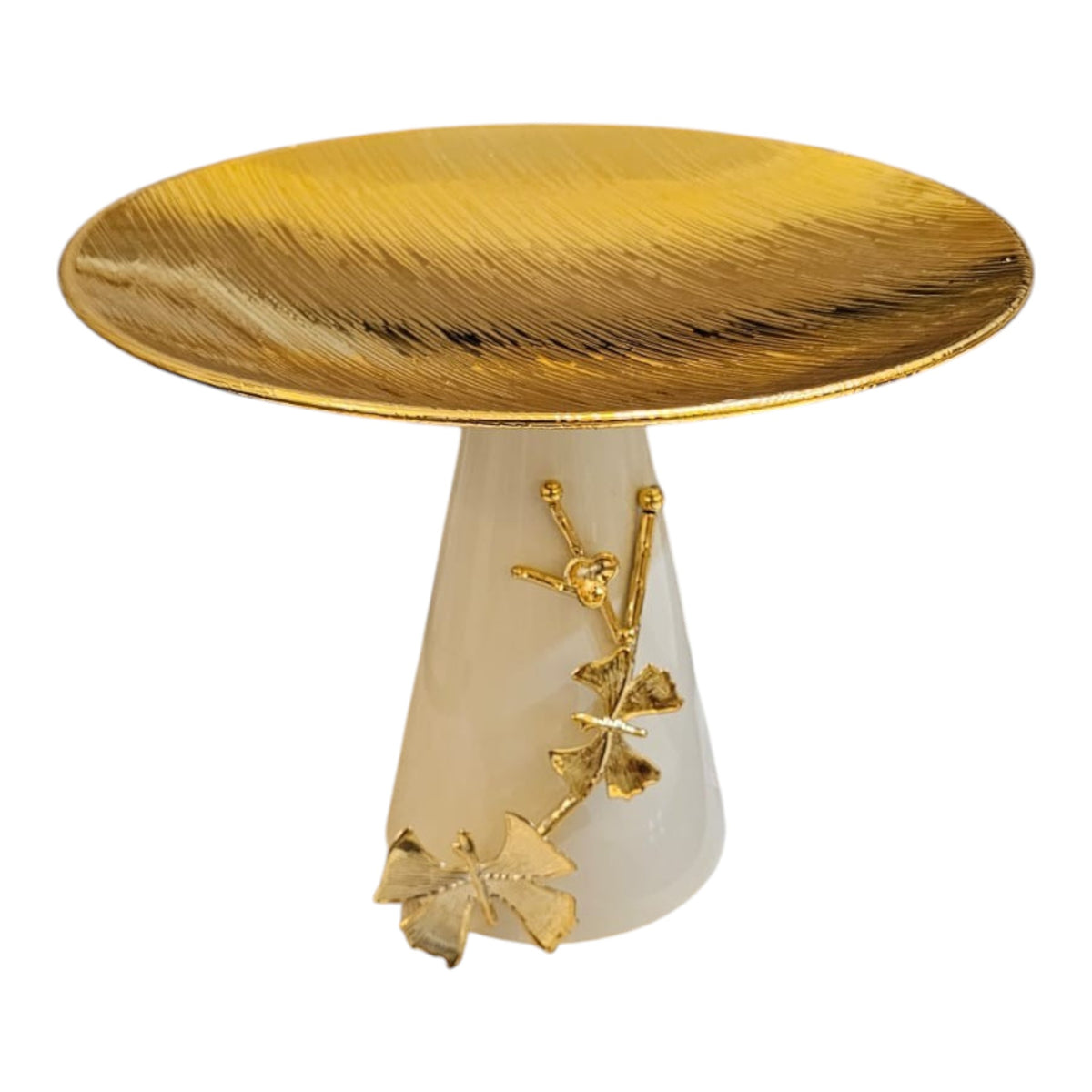 Home Sajawat decorative tiered serving stand with gold leaf accents, gold textured top, and ivory base. Ideal for cakes and pastries.