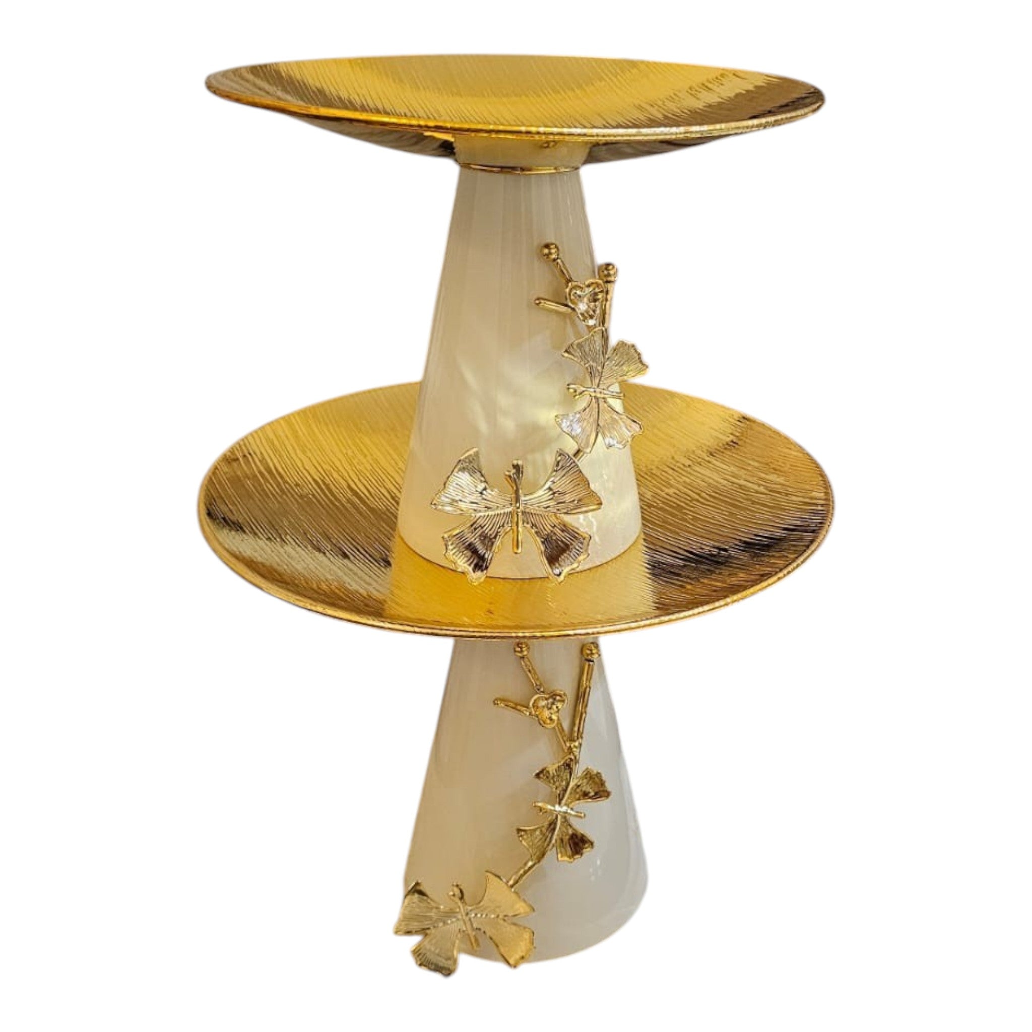 Home Sajawat decorative tiered serving stand in gold and ivory with gold leaf accents. Ideal for cakes and pastries.