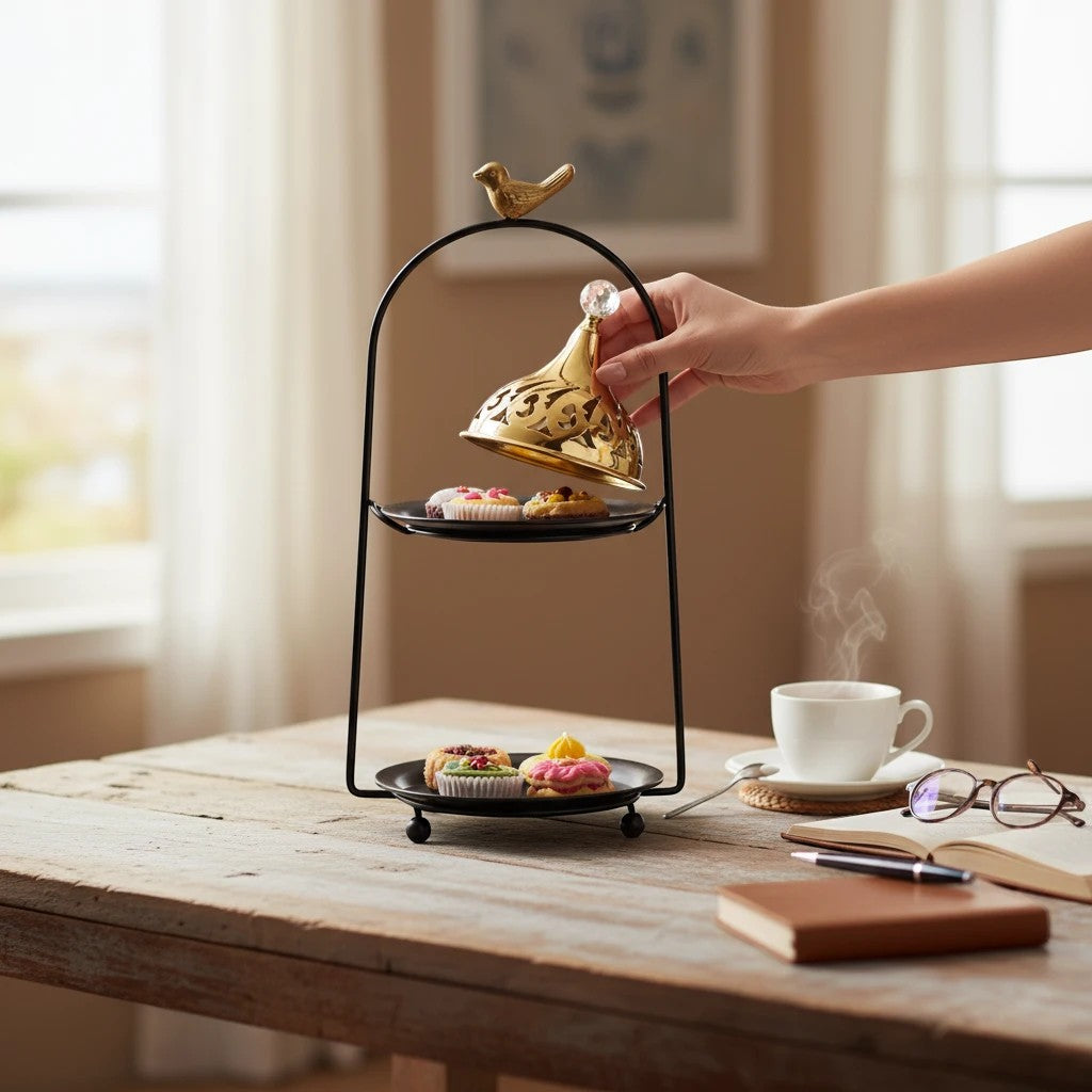 Home Sajawat gold two-tier incense burner with bird accent, crystal finial, and cut-out lids. Black stand.