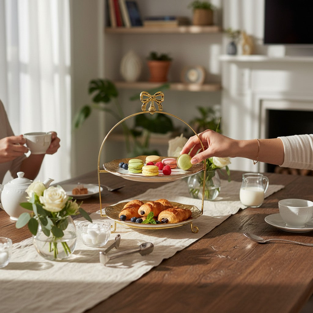 Home Sajawat two-tiered serving stand with gold-rimmed plates and decorative bow handle, styled on a dining table.