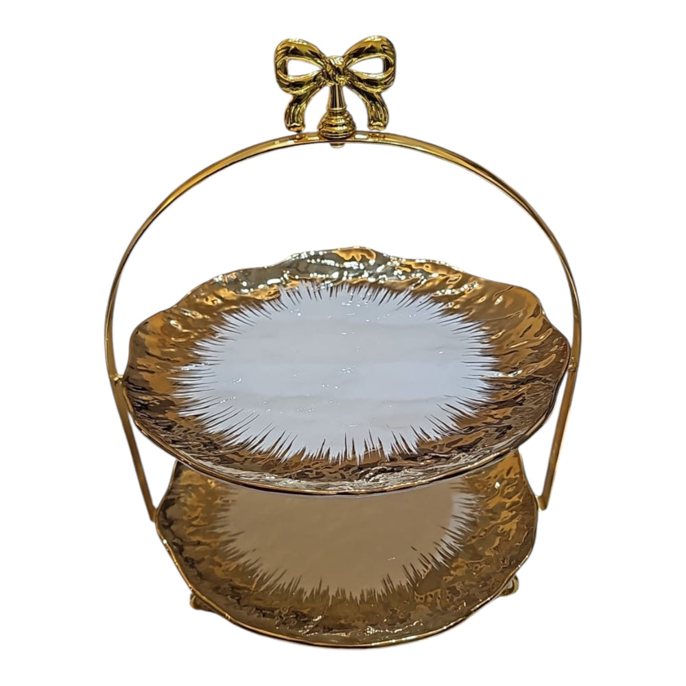 Home Sajawat two-tier serving stand with white and gold textured plates and a decorative bow handle for elegant dining.