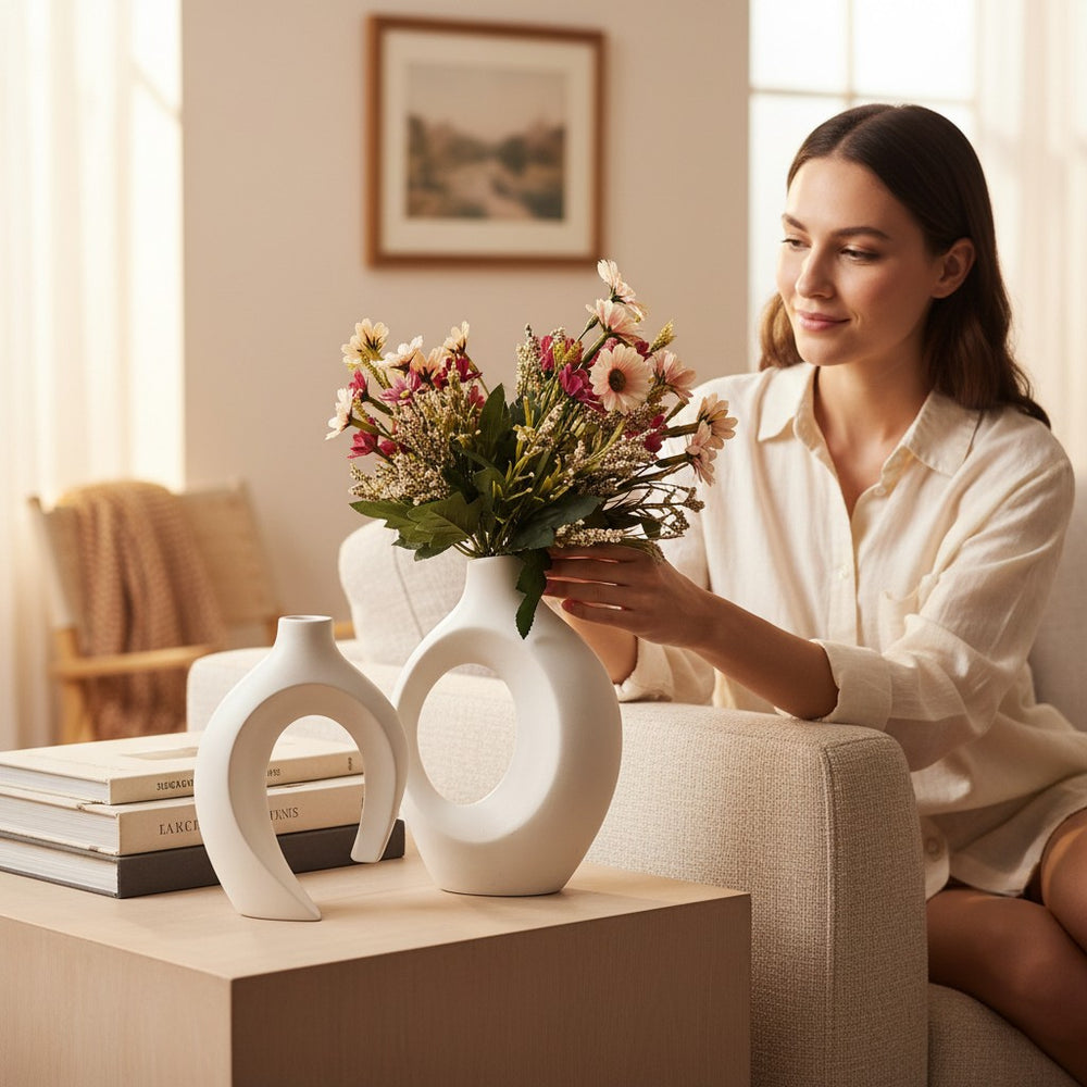 Home Sajawat set of two white matte ceramic abstract hollow-center vases with floral arrangement on a side table.