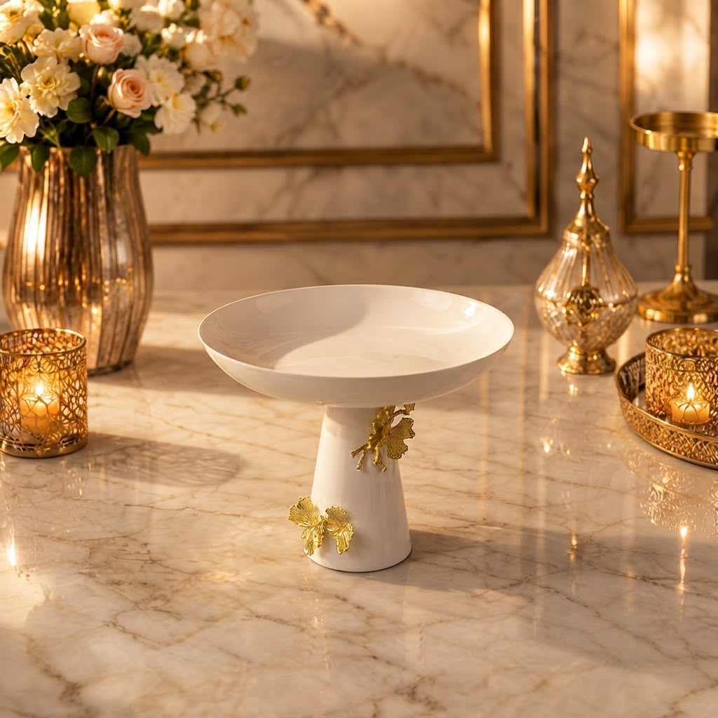 Home Sajawat white ceramic pedestal bowl with gold floral accents on a marble table centerpiece