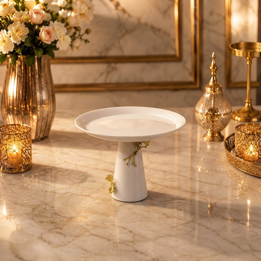 Home Sajawat white ceramic pedestal cake stand with gold butterfly and branch accents on a marble table
