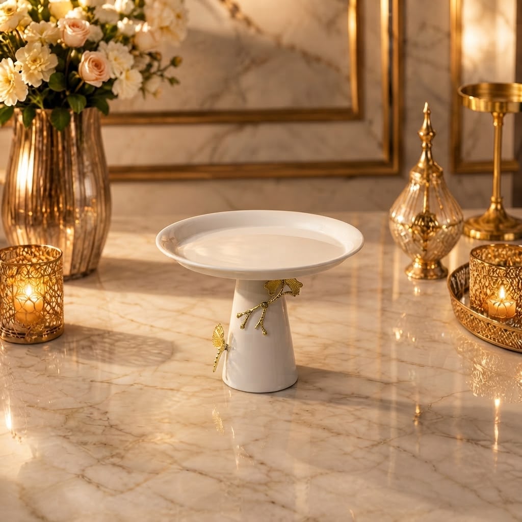 Home Sajawat white ceramic pedestal cake stand with gold butterfly and branch accents on a marble table