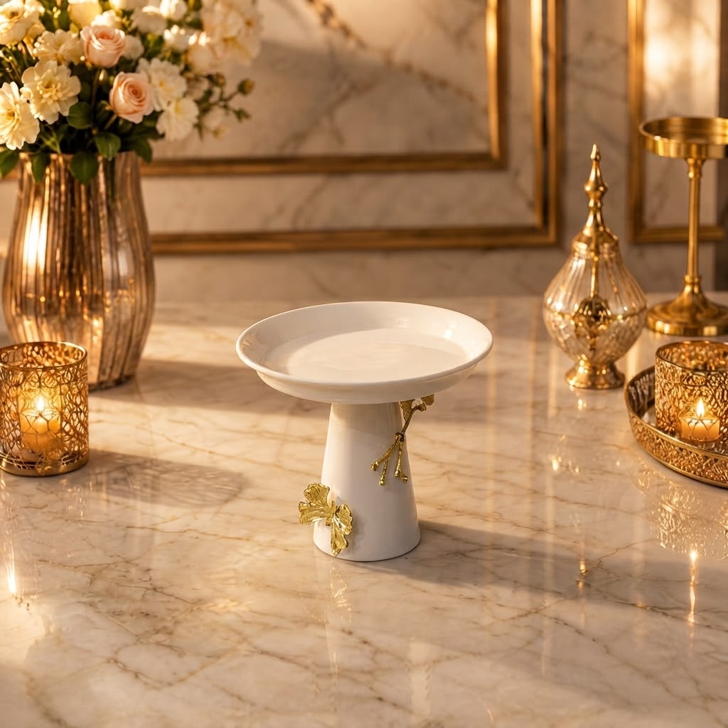 Home Sajawat white ceramic pedestal cake stand with gold butterfly and branch accents on a marble table