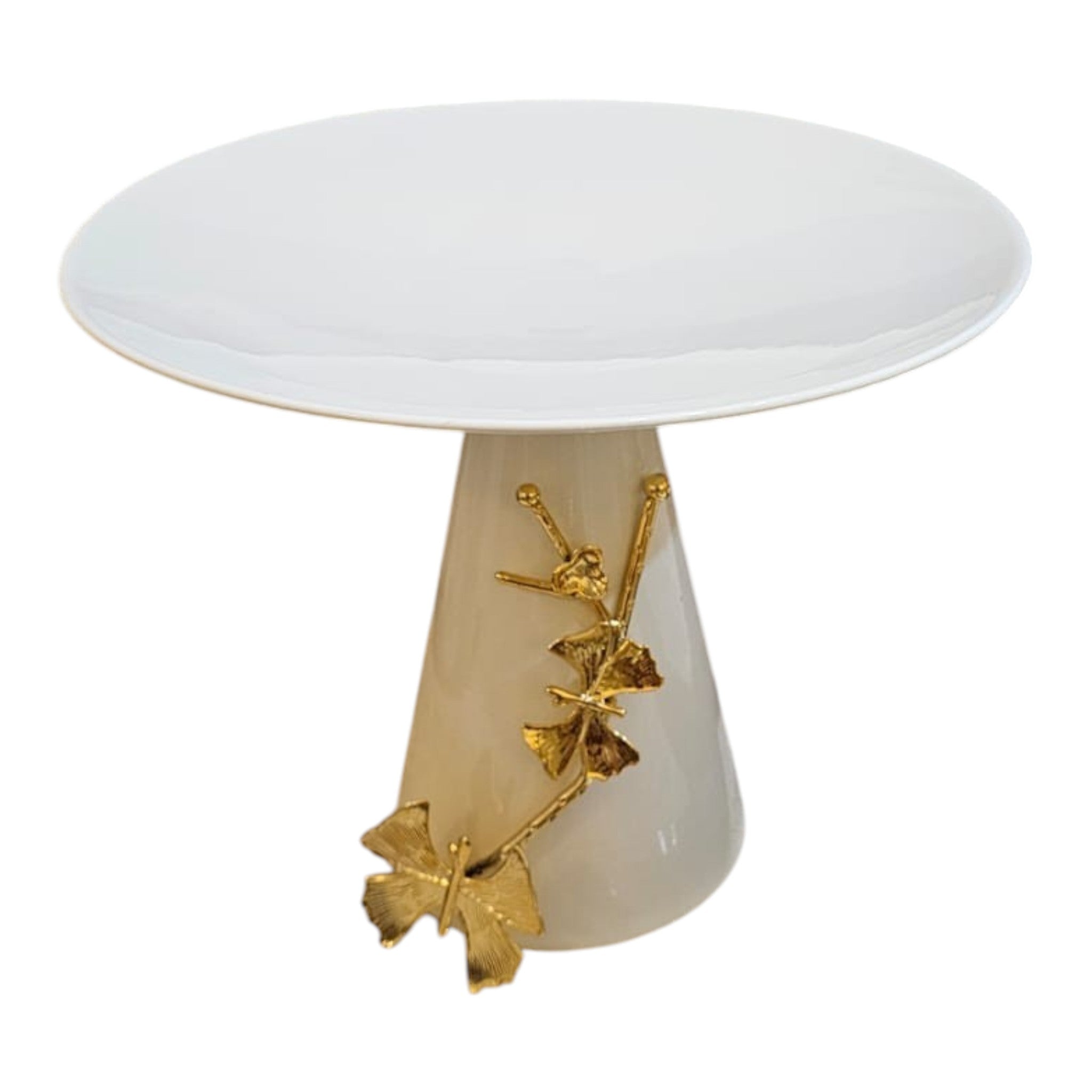 Home Sajawat white ceramic tiered serving stand with gold leaf accents. Ideal for cakes and desserts.