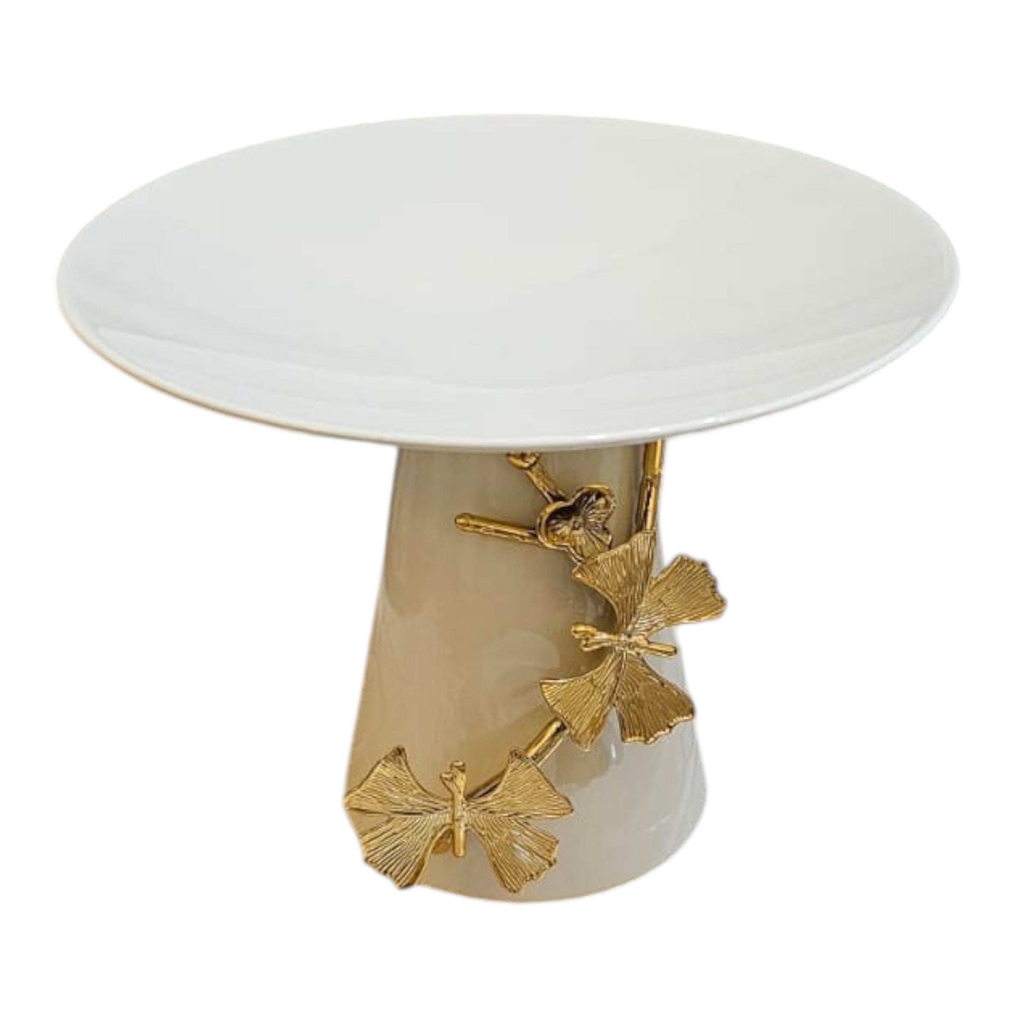 Home Sajawat white ceramic tiered serving stand with gold leaf accents, ideal for cakes and desserts.