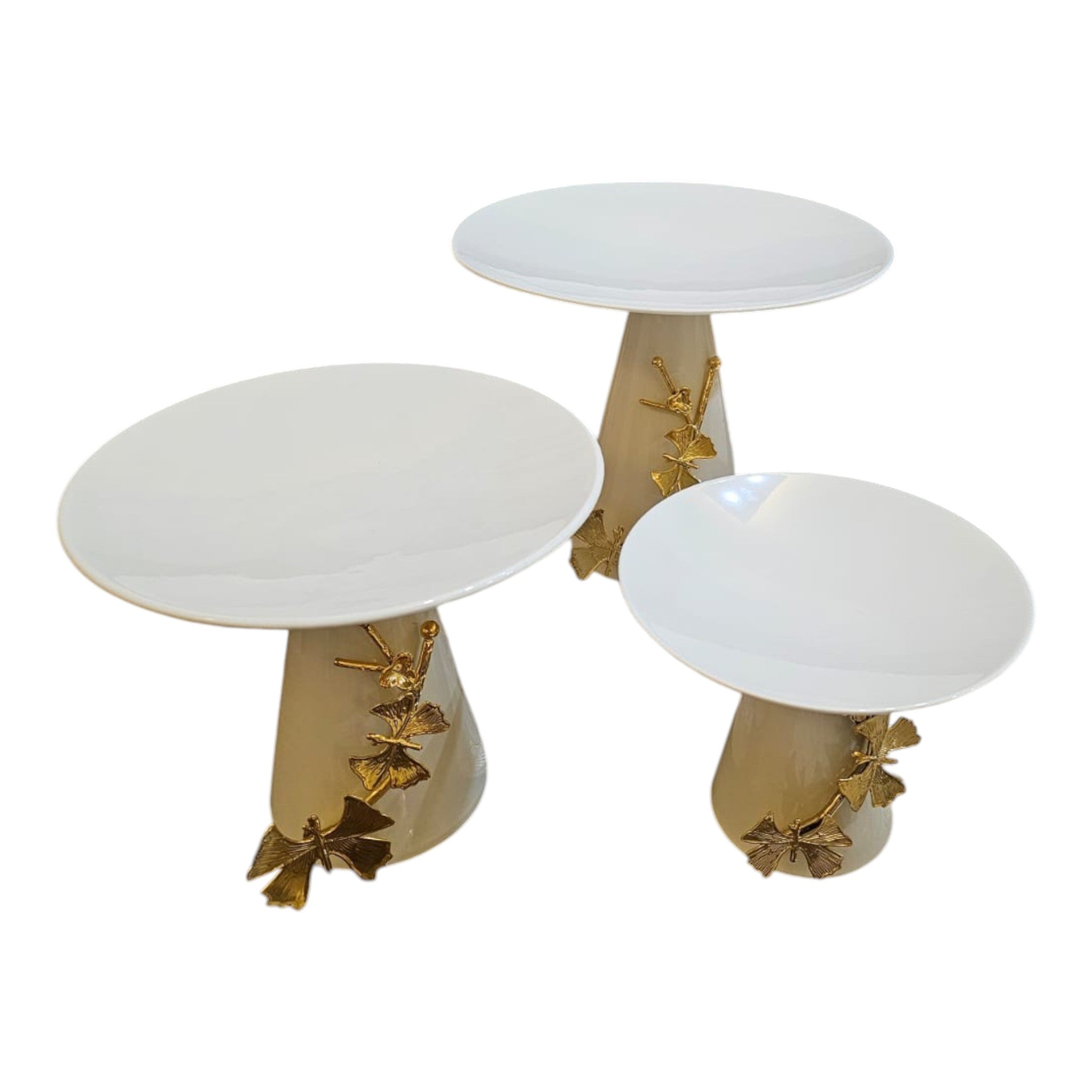 Home Sajawat white ceramic tiered serving stand with gold leaf accents, ideal for cakes and desserts.