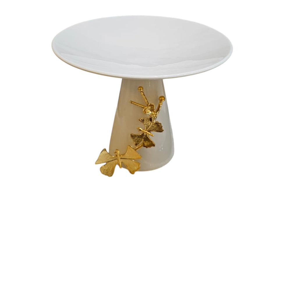 Home Sajawat white ceramic tiered serving stand with gold leaf accents, ideal for cakes and desserts.