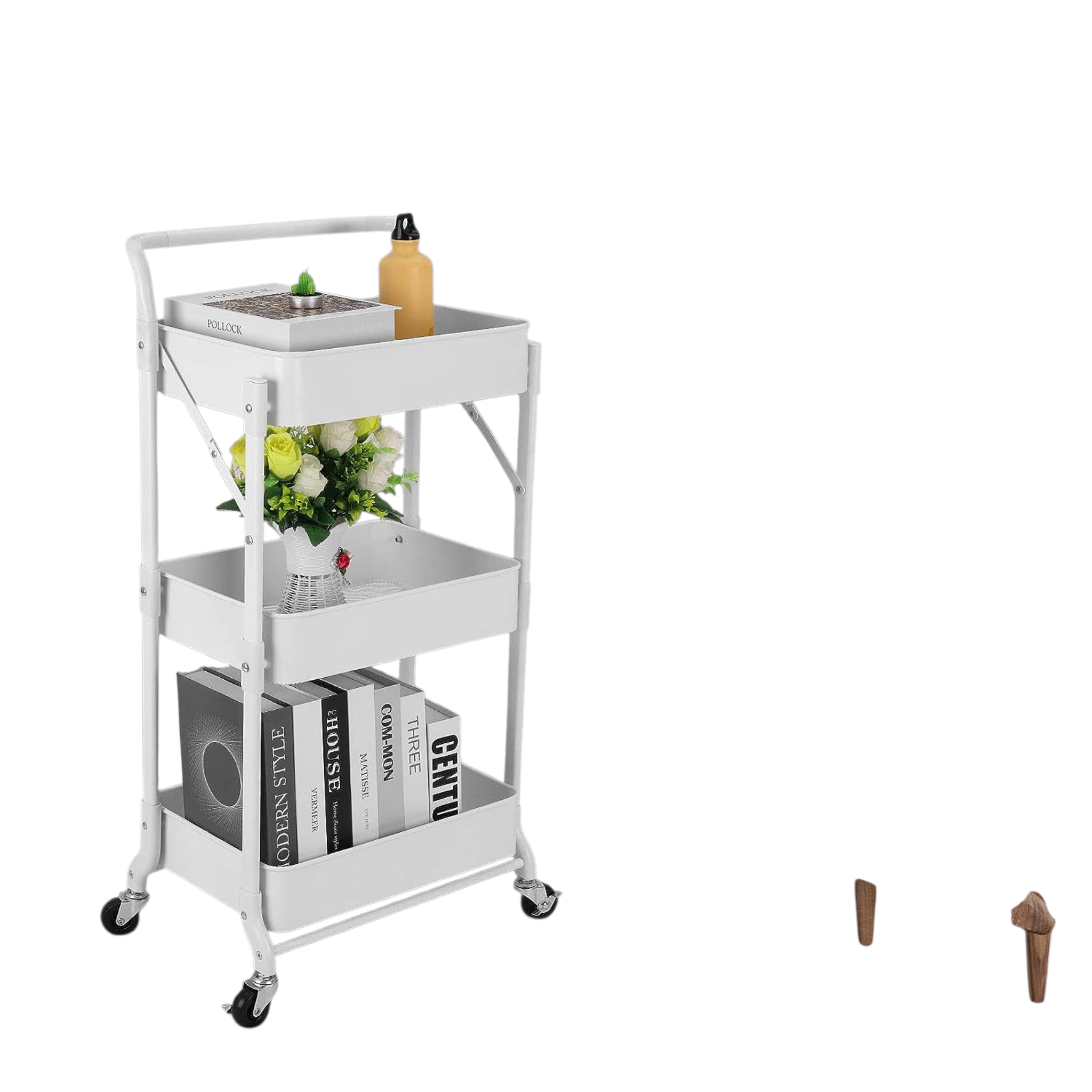 Home Sajawat white 3-tier foldable metal rolling utility cart with mesh baskets and swivel casters for home storage.