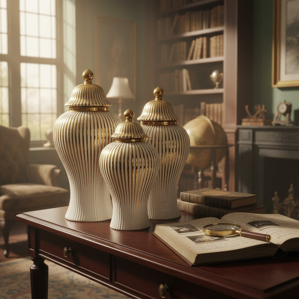 Home Sajawat set of three white ceramic temple jars with gold vertical stripes and finials. Varying sizes.