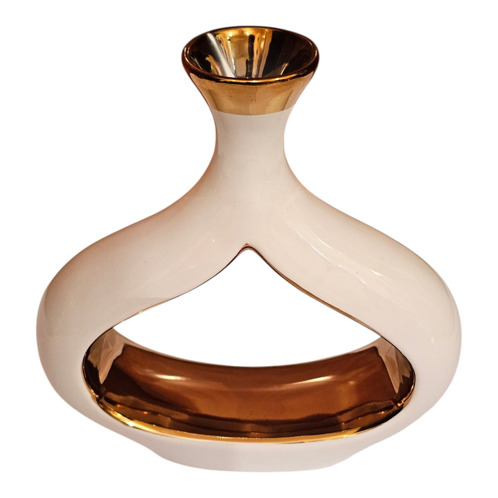 Home Sajawat modern ceramic vase with a glossy white exterior and reflective gold interior in a hollow-center shape.