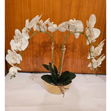 Home Sajawat artificial white Phalaenopsis orchid with two arching stems in a textured gold ceramic pot.