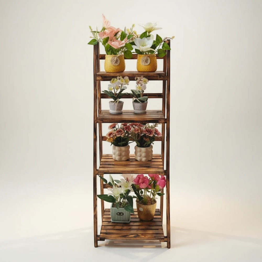 Home Sajawat 5-tier dark wood tiered plant stand with assorted potted flowers and plants.
