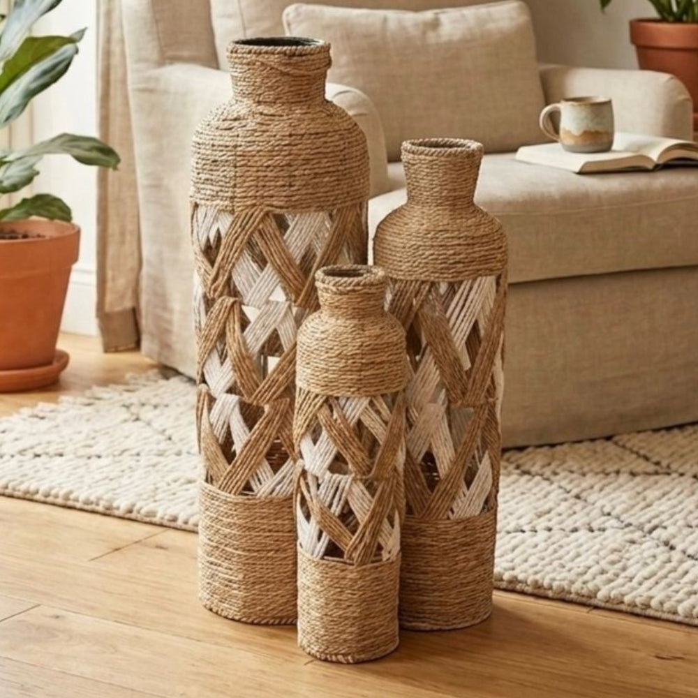 Home Sajawat set of three coastal floor vases in natural jute rope and white woven lattice design for home decor.