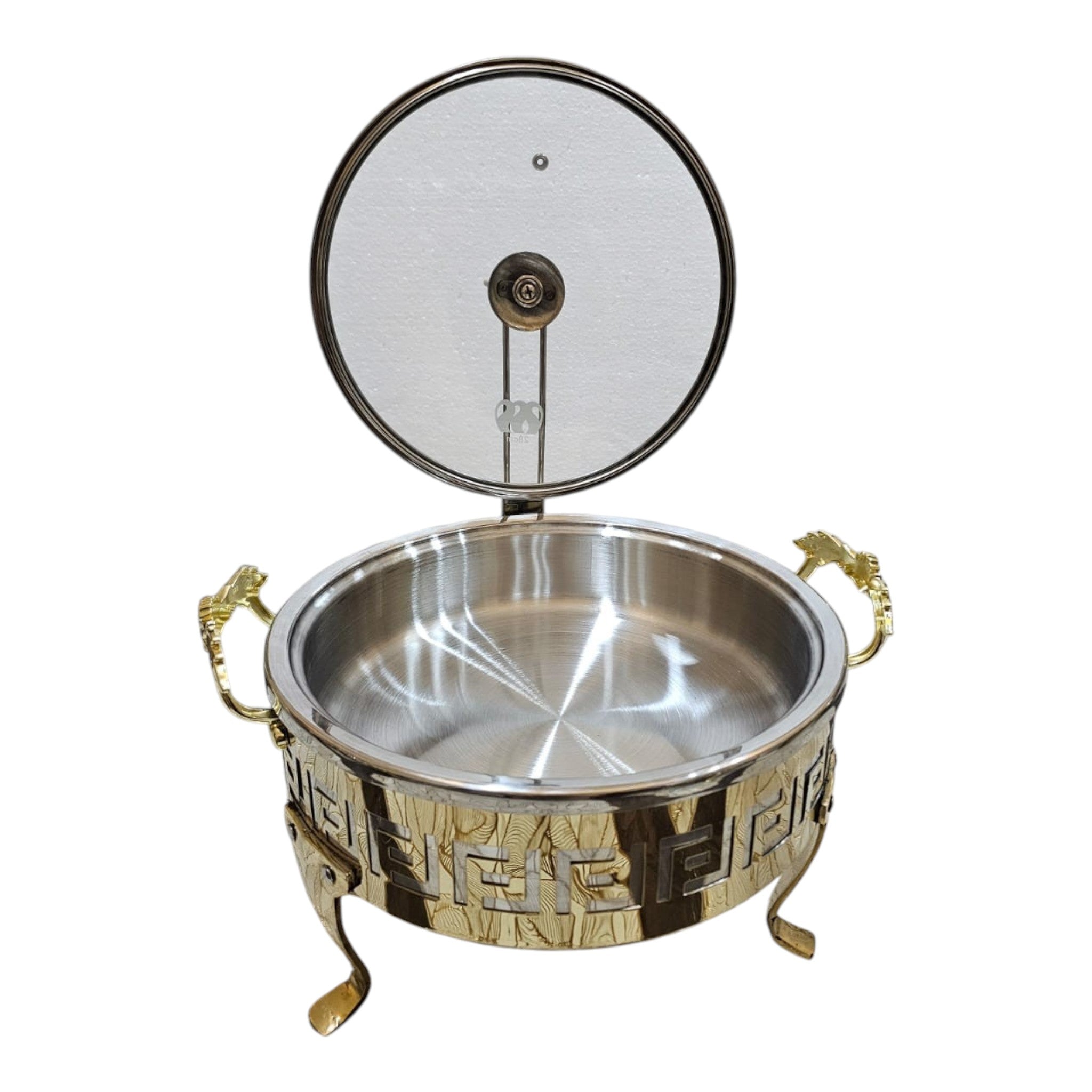 Home Sajawat decorative stainless steel chafing dish with gold Greek key pattern and glass lid.