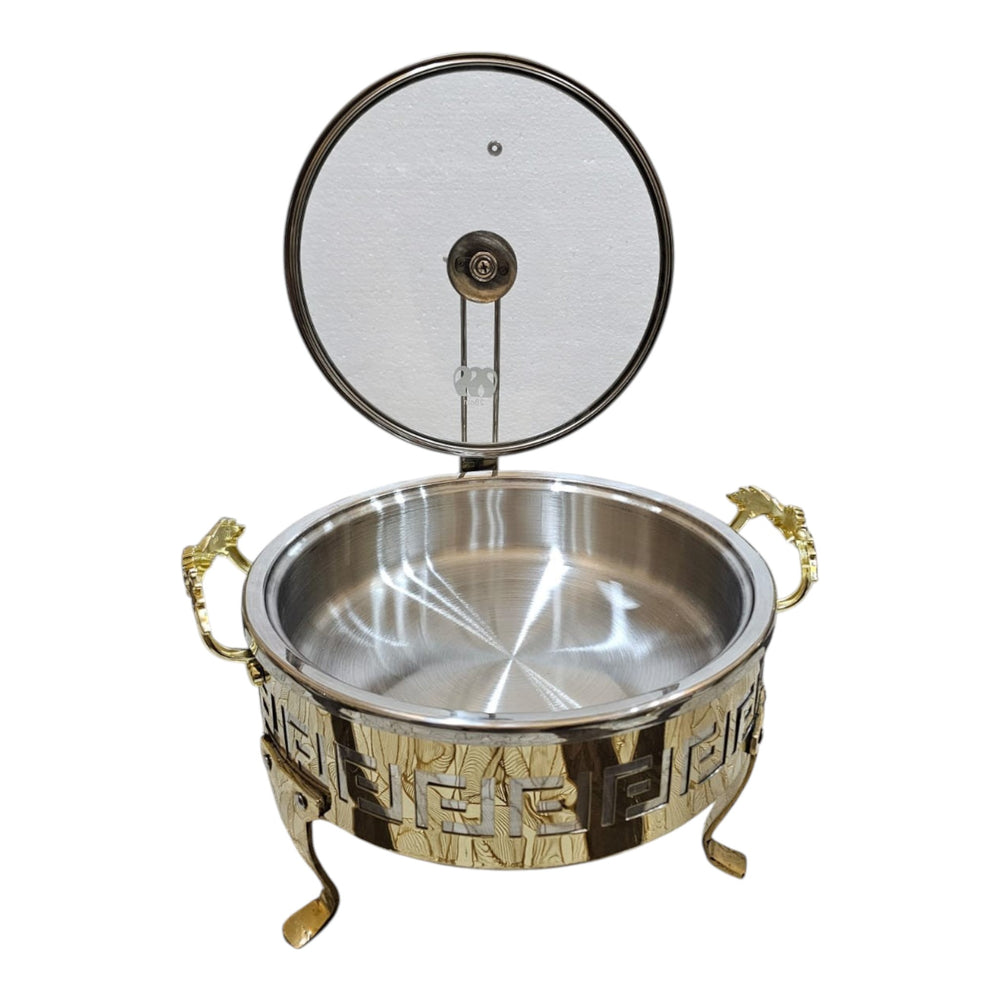 Home Sajawat decorative stainless steel chafing dish with gold Greek key pattern and glass lid.