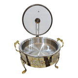 Home Sajawat decorative stainless steel chafing dish with gold Greek key pattern and glass lid.
